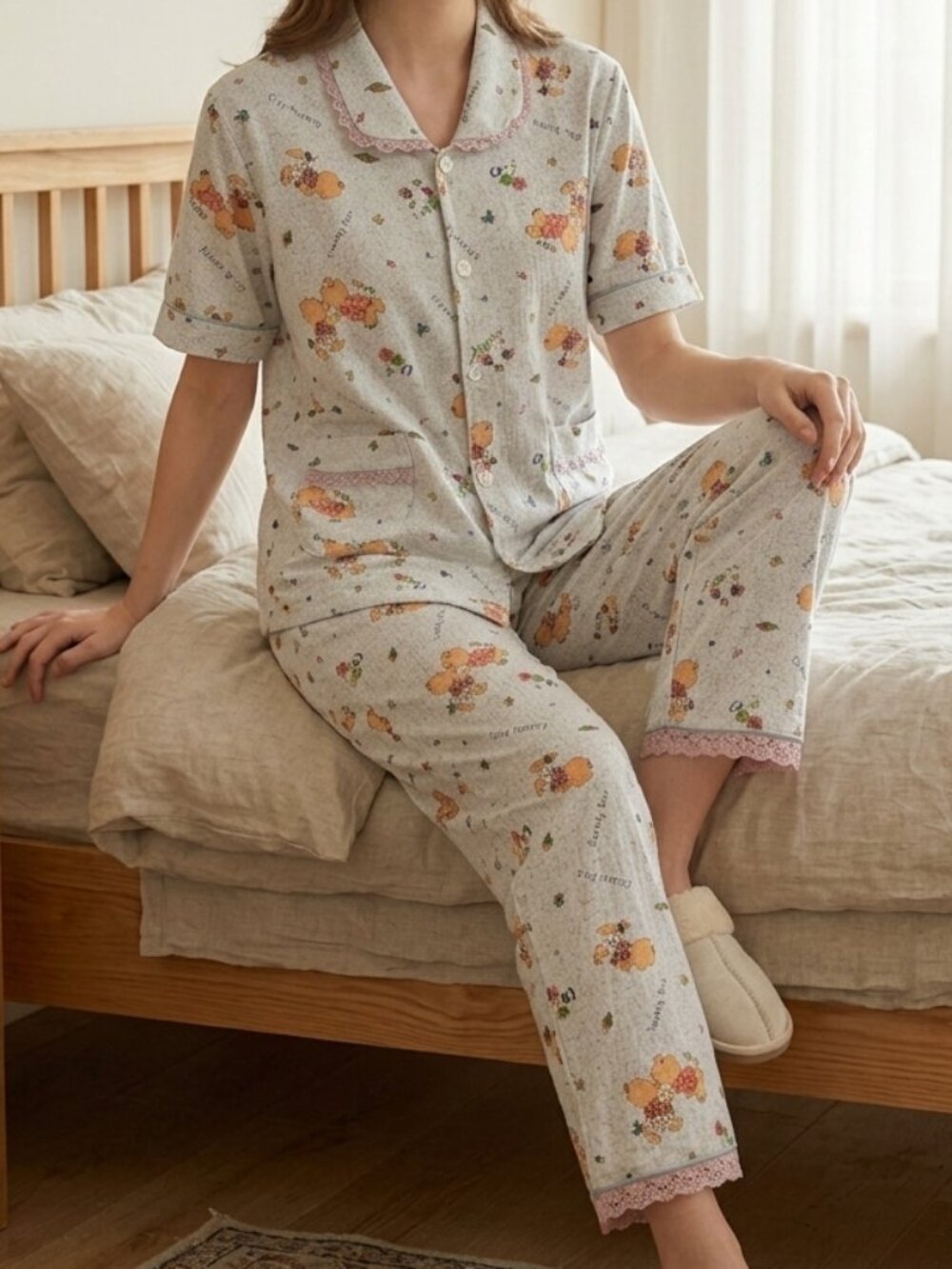 Vintage 90s Mei Meng Cotton Fleece Loungewear Pastel Cartoon Bear Pajama Set